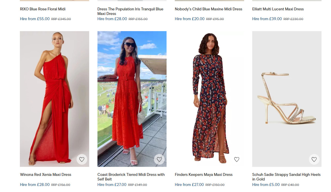 rental designer A page showing a selection of red dresses and shoes.