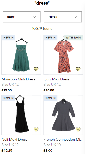 thrift-plus-mobile A screen shot of a website showing different types of dresses.