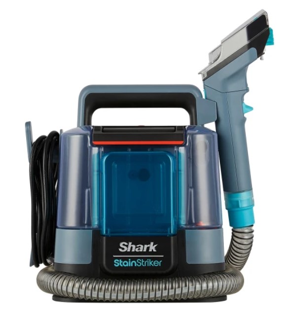 Shark StainStriker Stain & Spot Cleaner PX200UK A portable Shark StainStriker carpet cleaner with a hose attachment, set against a plain background.