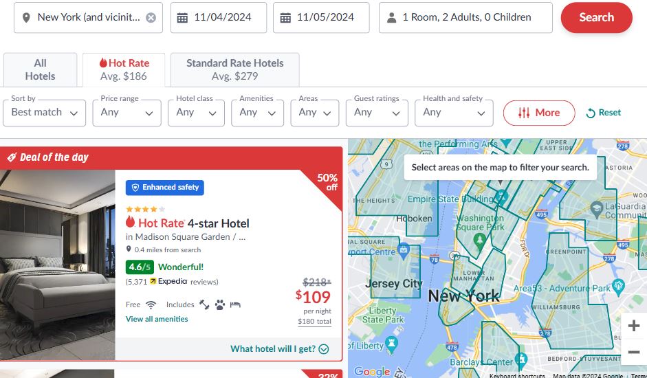 hotwire mystery hotel Hotel booking website interface showing a 4-star hotel deal in New York City with a price of $109. A map on the right highlights the hotel location.