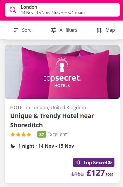 lastinute top secret hotels mobile Hotel booking page for a unique and trendy hotel in Shoreditch, London, featuring bright pink pillows and a price reduction offer.