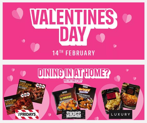 Iceland 2025 promo mobile Valentine's Day promotion featuring a selection of frozen foods including chicken wings, jalapeno cheese bites, and lasagna, with pink background and heart graphics.