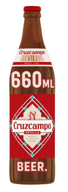 cruzcampo Red and brown bottle of Cruzcampo beer with "660 ml" printed on the label.
