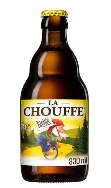 la chouffe 330ml bottle of La Chouffe Blonde beer with an illustrated gnome on the label, riding a unicycle in a scenic landscape.